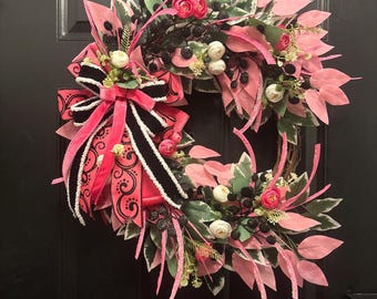 ROSES WREATH ROSES DOOR HANGER PINK ROSES METAL VASE