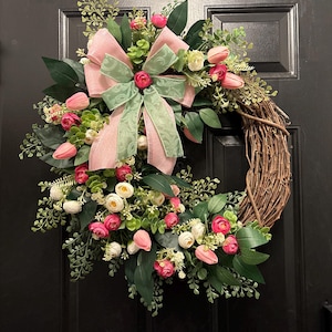 Spring Floral Wreath – Handmade Grapevine Wreath with Tulips & Ranunculus