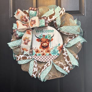 Rustic Highland Cow Welcome Wreath with Teal & Cow Print Ribbon – Farmhouse Door Decor