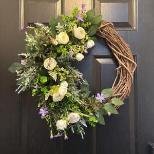 Floral Front Door Wreath: White and Purple Flowers