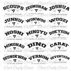 Diecisiete nombres de miembros de grupos de Kpop / Archivos digitales PNG, SVG, EPS / Imprimibles para diseño de camisetas, bolsos, gorras y calcomanías de Cricut