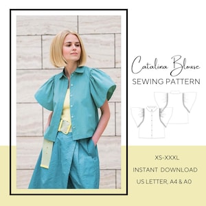 Women&#39;s Blouse Sewing Pattern PDF, Puffed Flutter Sleeve Shirt Top Pattern, Digital Beginner Sewing,  Women Sewing Patterns, Ruffle Plus