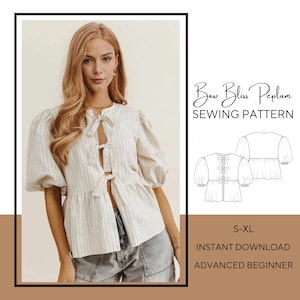 Peplum Top Sewing Pattern | Women&#39;s Front Bow Tie Shirt Pattern | Digital Sewing PDF Patterns | Instant Download | Puffed Sleeve Blouse