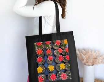 Colorful Cactus Print Tote Bag, Red & Yellow Cactus, Eco-Friendly Reusable Bag, Trendy Plant Lover Gift, Spacious Shopping Bag. Mother's Day
