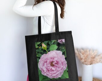 Bolso tote con estampado floral de rosas rosas: elegante bolso de hombro de algodón