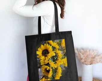 Bolso de mano con ramo de girasoles: bolso de mano de algodón con estampado floral vibrante