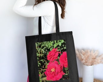 Red Rose Floral Cotton Tote Bag: Summer Garden Carryall