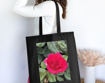 Red Rose Photo Tote Bag: Floral Cotton Canvas Carryall