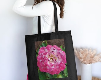 Bolsa de compras floral: bolsa reutilizable de algodón con estampado de rosas rosas y blancas.