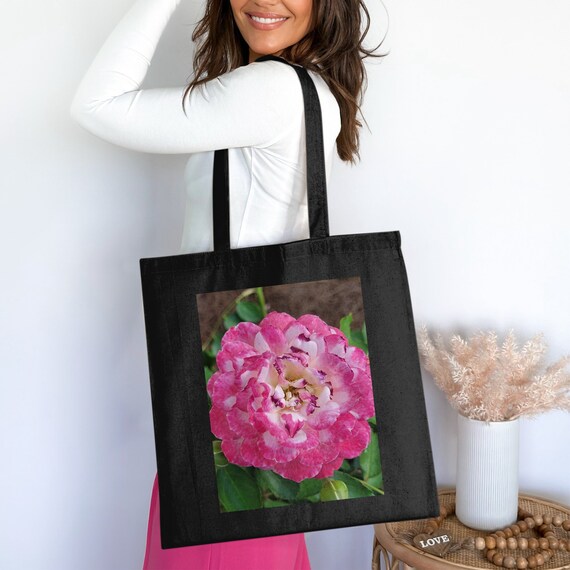 Floral Tote Bag: Pink & White Rose Print, Reusable Cotton  display picture 1
