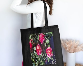 Vibrant Red and White Striped Rose Floral Tote Bag, Colorful Flower Shoulder Bag, Eco-Friendly Reusable Shopping Bag, Mother's Day Gift tote