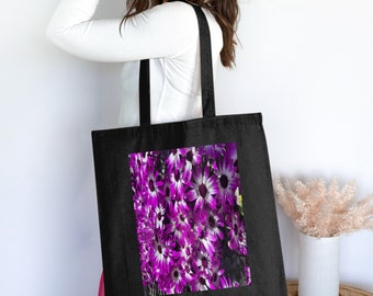 Vibrant Purple Daisy Floral Tote Bag, Spring Summer Fashion Accessory, Eco-Friendly Reusable Shopping Bag, Beach Bag, Mother's Day Gift, Fun
