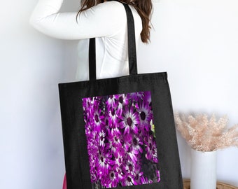 Bolsa de compras reutilizable con estampado floral de margaritas moradas, 100 % algodón