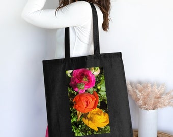 Colorful Floral Tote Bag, Vibrant Red Orange Yellow Roses, Spring Summer Fashion Accessory, Mother's Day Gift, Bachelorette Gift Bag, Garden