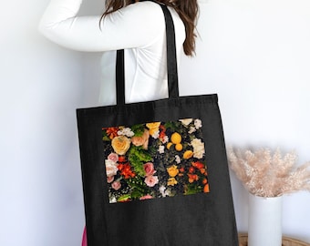 Bolsa de mano con estampado floral: rosas y margaritas vibrantes, 100 % algodón