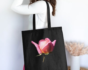 Bolso tote de algodón con rosas rosas: elegante bolso de hombro floral