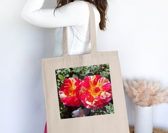 Vibrant Red & Yellow Rose Print Tote Bag, Floral Shoulder Bag, Stylish Summer Accessory, Gardener Gift, Beach Bag, Mother's Day Gift, Flower