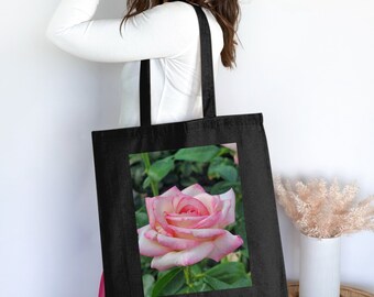 Bolsa de tela floral: foto de rosa rosa y blanca, lona de algodón