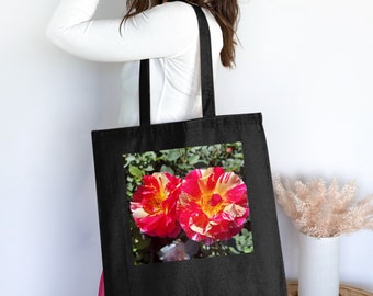 Red & Yellow Rose Print Cotton Tote Bag: Floral Shoulder Bag