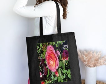 Bolso tote de algodón con estampado de rosas: bolso de hombro con flores vibrantes