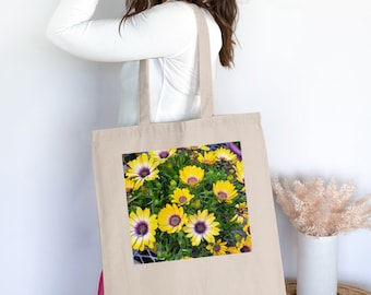 Bright Yellow Floral Tote Bag, Spring Daisy Flowers Print, Fashionable Women's Canvas Shopping Bag, Eco-Friendly Carryall, Mother's Day Gift