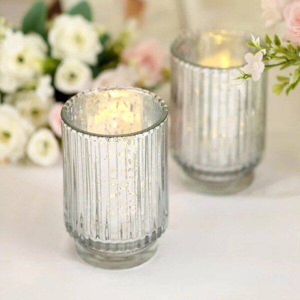 Set of 2 5" Silver Mercury Glass Candle Holders w/LED votives