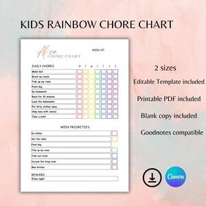 Chore chart for kids editable, responsibility chart for kids, daily routine checklist for kids chore chart printable, weekly chore chart