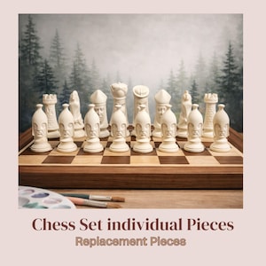 May include: A complete chess set with individual pieces, featuring a wooden chessboard and off-white chess pieces. The pieces have a unique design with faces carved into them. The text on the image reads "Chess Set individual Pieces Replacement Pieces."