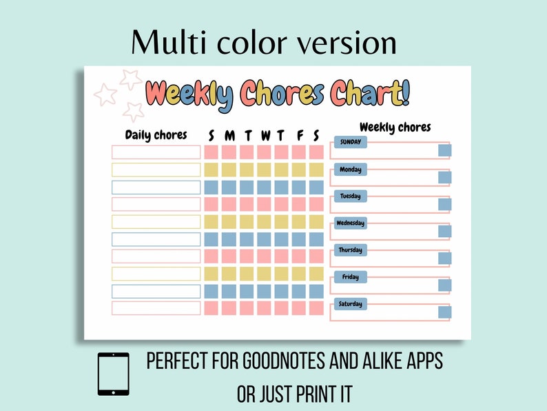 Kids Chore Chart Printable, Weekly Responsibility Chart (digital ...