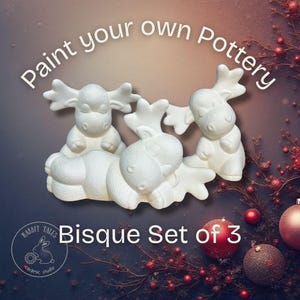 May include: A set of three unpainted ceramic moose figurines, ready for paint. The text "Paint your own Pottery" and "Bisque Set of 3" are displayed. The background includes Christmas ornaments and greenery.