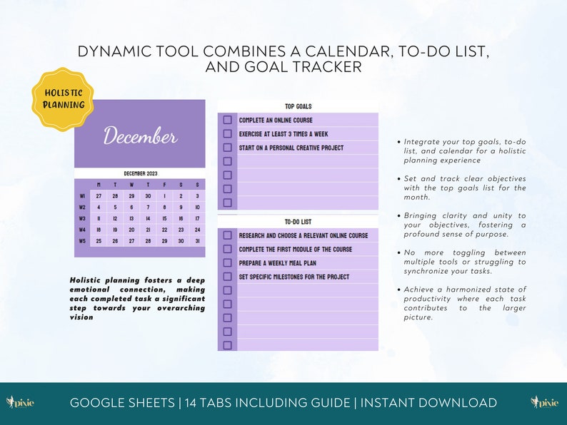 Monthly Calendar & Todo List With Goal Tracking Google Sheet Template