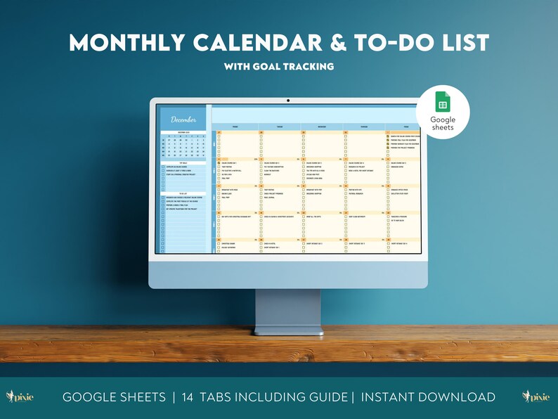 Monthly Calendar & Todo List With Goal Tracking Google Sheet Template