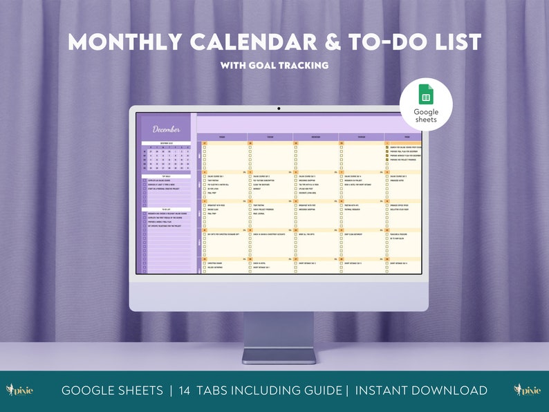 Monthly Calendar & Todo List With Goal Tracking Google Sheet Template