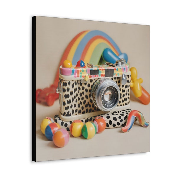 Canvas Gallery Wraps, cheetah leopard print camera, toy kid photographer, photography gift for her or him, kid picture play room, rainbow