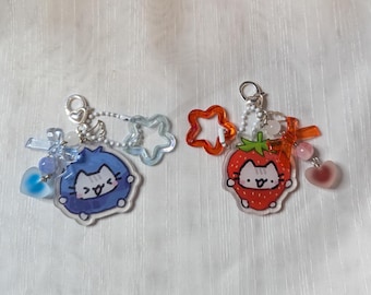 Strawberry & Blueberry Cat Keychain, Beaded Y2K Charm