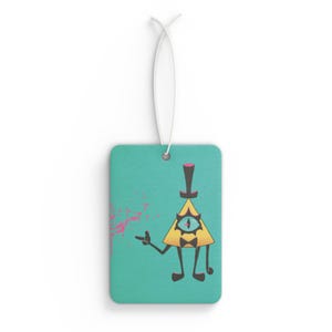 May include: A rectangular hanging air freshener with a teal background featuring a yellow triangular character with a single eye, a black top hat, and a black bow tie. The character has thin black limbs and is pointing to a pink paint splatter.