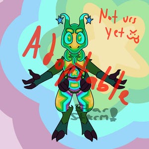 May include: A colorful cartoon alien character with a green head, blue star-shaped antennae, and rainbow-colored body. The image has the text "Not urs yet" and "AJ Zombie" in red. The background is a swirl of pastel colors.