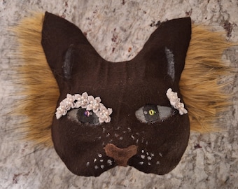 Black Therian Cat Mask with Silver and White Flowers
