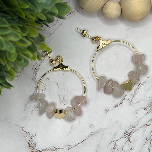 Handcrafted 18K Gold-Plated Hoop Earrings with Rose Quartz Crystals & 24K Gold-Plated Heart Charm – Ideal Valentine's or Anniversary Gift!