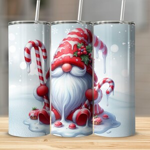 Tumbler gnomo di Natale, gnomo bastoncino di zucchero, gnomo festivo, gnomo di Natale, tumbler per le feste, tumbler sottile da 20 once per sublimazione, involucro per tumbler
