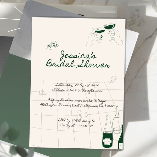 Winery Picnic Bridal Shower Invitation Printable Hand Drawn Scribble Illustrations Hen Invite Green Colour Retro Whimsical