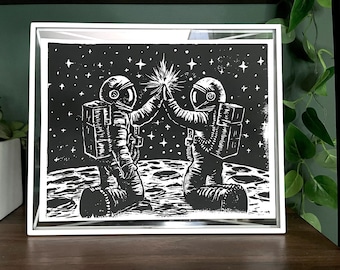 Astronauts on the Moon | Black & White Handmade Linocut Print | 8.5"x11"