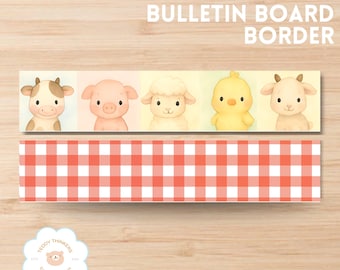 Aquarell Bauernhof Bulletin Board Bordüre: Rot Gingham Klassenzimmer Dekor (druckbare digitale Download 24 x 18