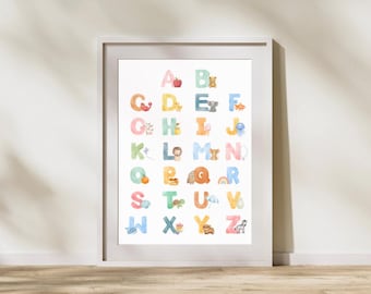 Aquarell Alphabet Kinderzimmer Poster | A–Z Lernbild für Kinder