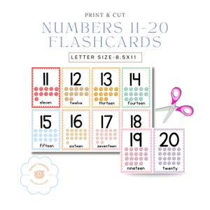 May include: Printable flashcards for numbers 11-20, with the text "Numbers 11-20 Flashcards" at the top. Each card features a number, its corresponding word, and a visual representation of the quantity. Includes a pair of scissors.