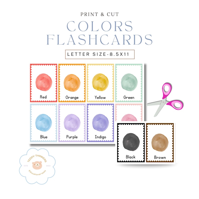 Scissors Flash Cards Watercolor Color Flashcards | Montessori Learning (PDF Download 8.5x11 ...