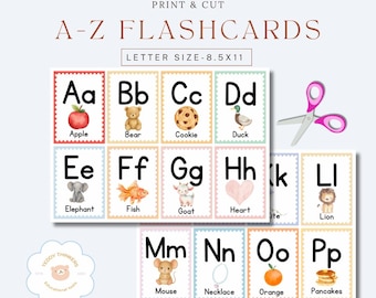 A – Z druckbare Karteikarten | Aquarell Alphabet Karten für Kinder