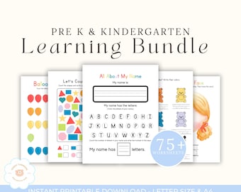 Pre-K & Kindergarten Learning Bundle: 75+ Printable Worksheets (PDF Download)