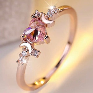 Rose Gold Pink Crystal Heart Ring: Moon Accent Bridal Jewelry