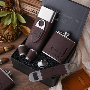 Caja de puros de cuero PU personalizada, caja de regalo personalizada para hombres, regalos para padrinos de boda, caja de puros y juego de botella, regalos para amantes de los puros, regalos para el día del padre
